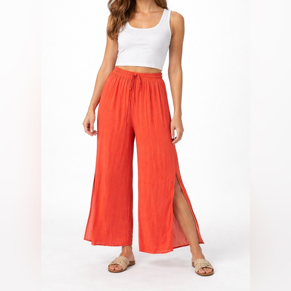 Van Winkle‎ & Co Pants Womens Large Orange Wide Leg Split Hem Pull On Lagenlook